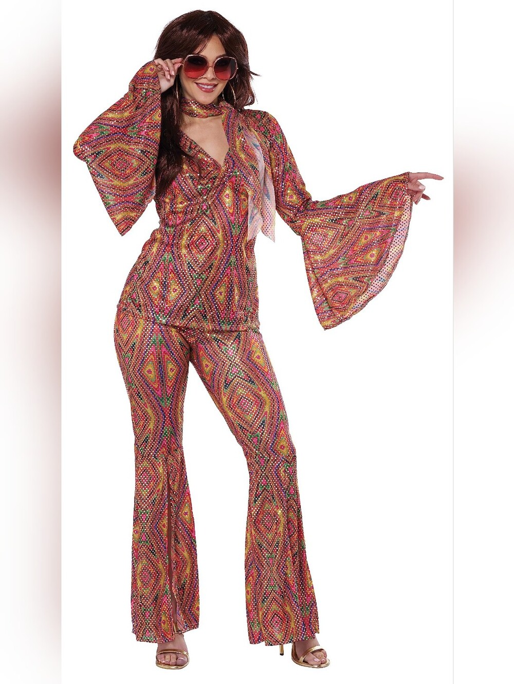 Women's 70s Disco Bellbottom Party Halloween Theme Sparkle Shine Costume, M